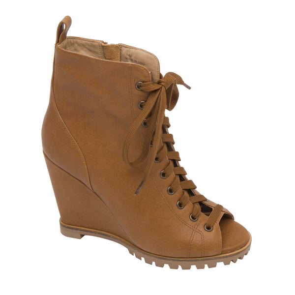 linea paolo SASHA | High Wedge Peep Toe Transitional Bootie Brown Oil Leather