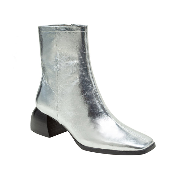 linea paolo SAYLOR | Block Heel Leather Ankle Boots Silver Crackled Metallic Leather