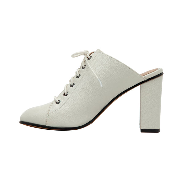 Linea Paolo SYLVIE | Sassy Lace-Up High Block Heel Leather Mule Ivory/Black/Beige Snake Print Leather