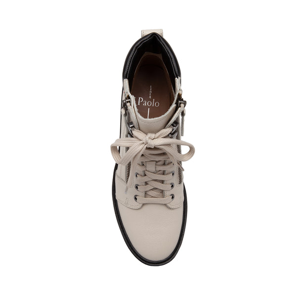 Linea Paolo TIBBY | Zippered Leather Lug Sole Lace-Up Hikers Cream/Black Pebbled Leather/Nappa