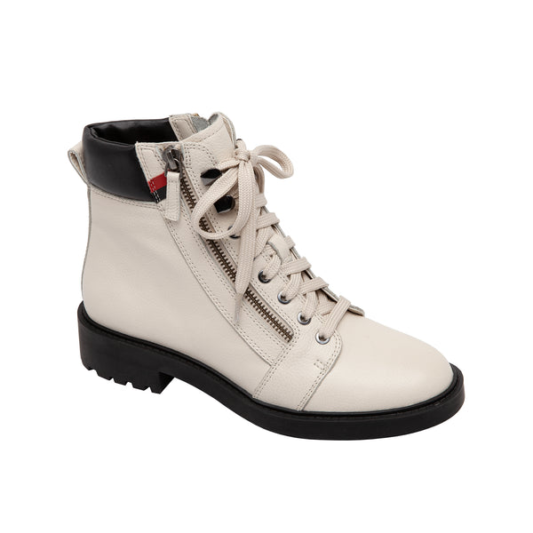 linea paolo TIBBY | Zippered Leather Lug Sole Lace-Up Hikers Cream/Black Pebbled Leather/Nappa