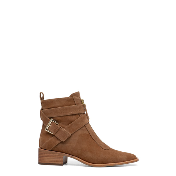 Linea Paolo VALONA | Svelte Square Toe Stack Heel Booties Whiskey Kid Suede
