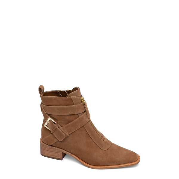linea paolo VALONA | Svelte Square Toe Stack Heel Booties Whiskey Kid Suede