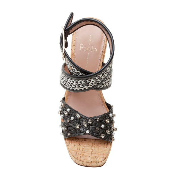 Linea Paolo VARENA | Faux Pearl And Crystal Adorned Platform Sandals Black Raffia/Woven