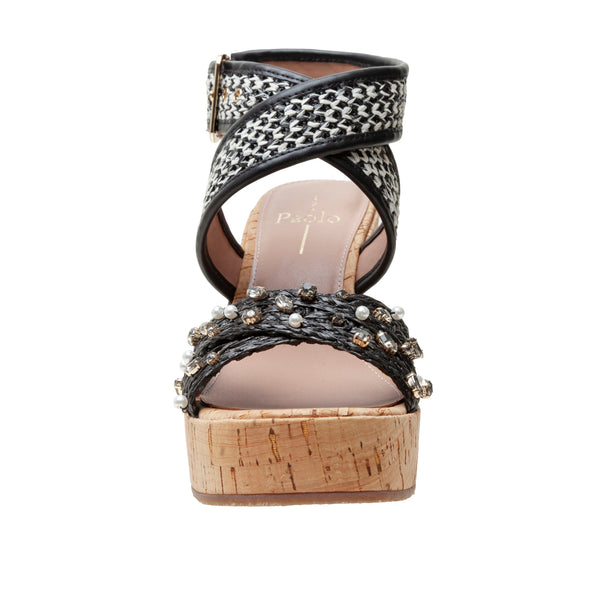 Linea Paolo VARENA | Faux Pearl And Crystal Adorned Platform Sandals Black Raffia/Woven