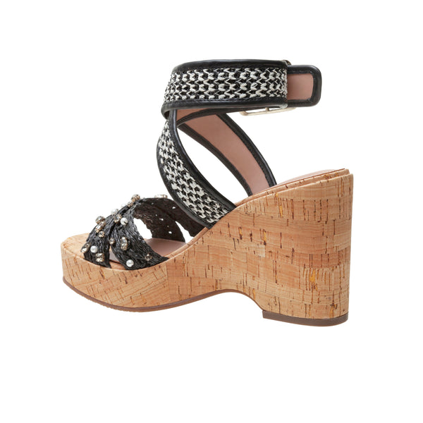 Linea Paolo VARENA | Faux Pearl And Crystal Adorned Platform Sandals Black Raffia/Woven