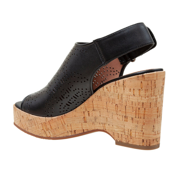 Linea Paolo VIVIANA | Laser Cut Leather Cork Platform Sandals Black Nappa