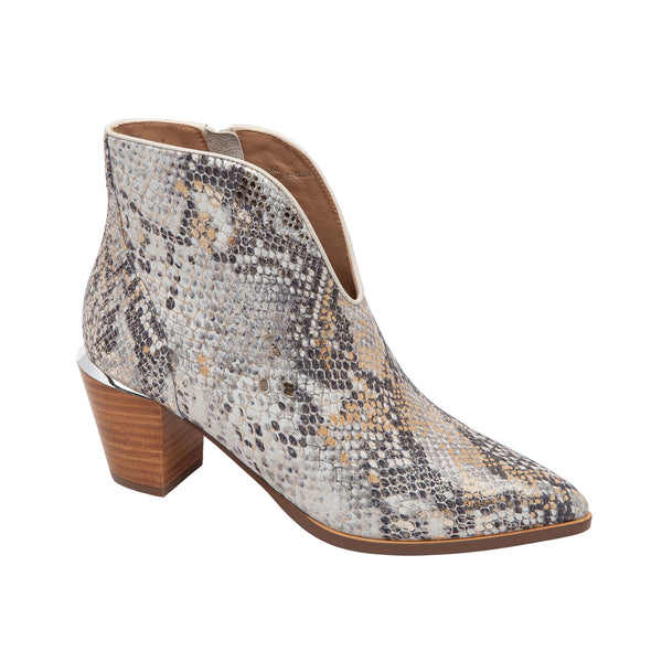 linea paolo WESTLY | Stack Cone Heel Pixie Bootie Black/Platino Snake Print Leather