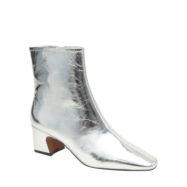 linea paolo WRENLY | Pointed Toe Cuban Heel Ankle Boot Silver Crinkle Metallic Leather