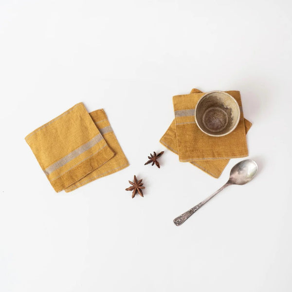 linen tales Amber Bronze Stripes Linen Coasters Set of 4