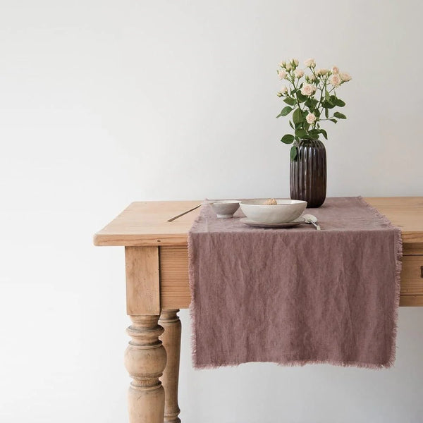 linen tales Ashes of Roses Linen Table Runner with Fringes