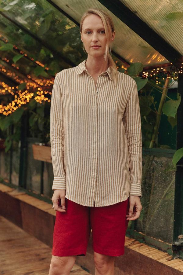 Linen Tales Bronze White Stripes Linen Azalea Shirt