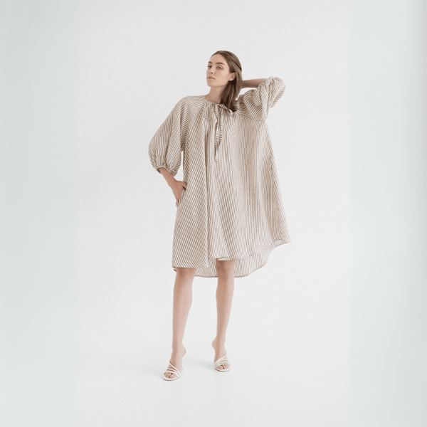 linen tales Bronze White Stripes Linen Mahina Dress