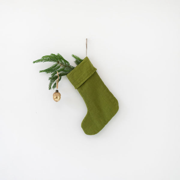 linen tales Christmas Green Linen Christmas Stocking