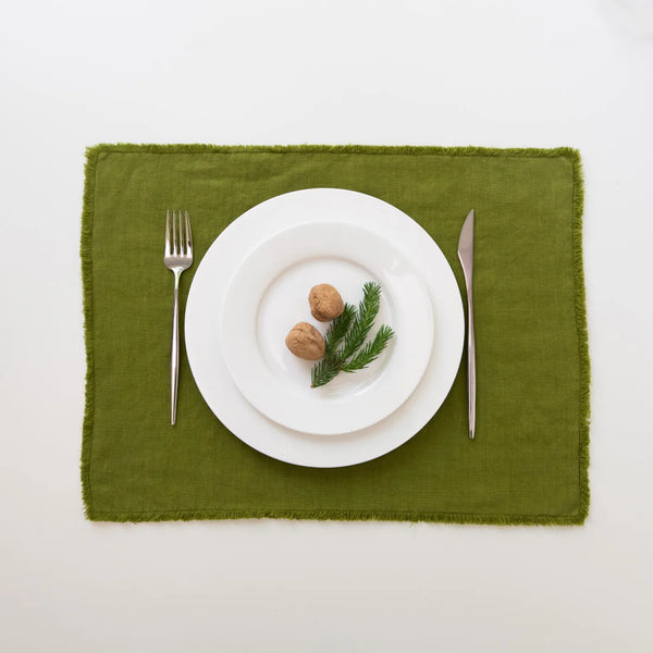 linen tales Christmas Green Linen Placemat with Fringes