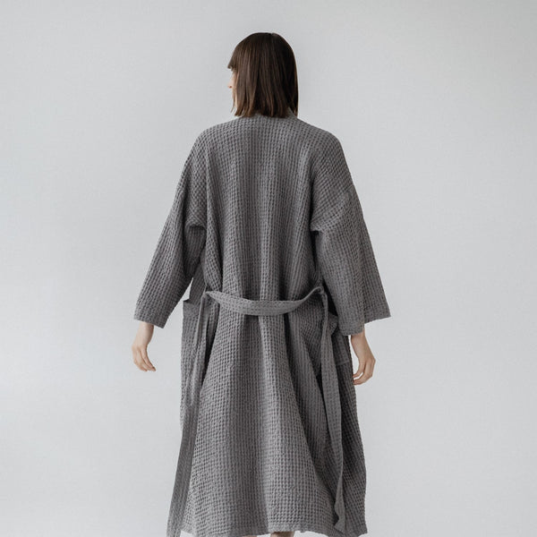 Linen Tales Dark Grey Linen & Cotton Honeycomb Waffle Bathrobe