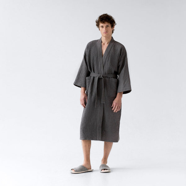 Linen Tales Dark Grey Linen & Cotton Honeycomb Waffle Bathrobe