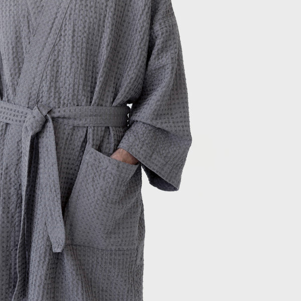 Linen Tales Dark Grey Linen & Cotton Honeycomb Waffle Bathrobe