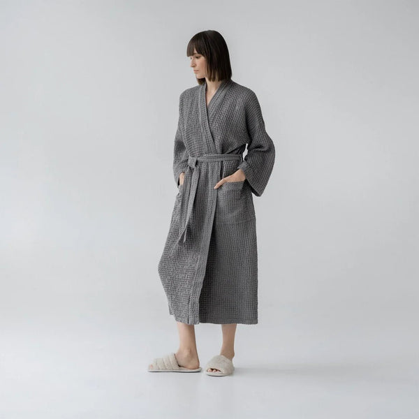 linen tales Dark Grey Linen & Cotton Honeycomb Waffle Bathrobe
