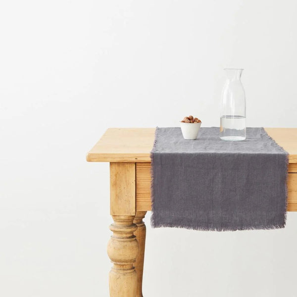 linen tales Dark Grey Linen Table Runner with Fringes