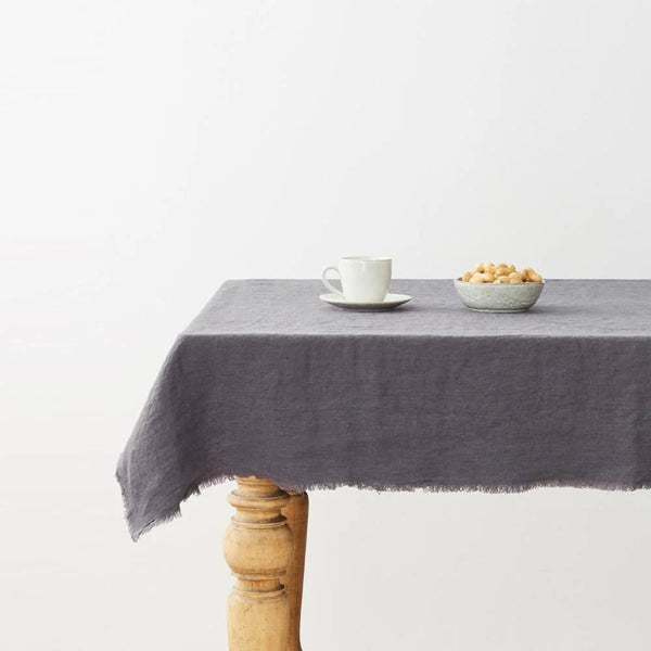 linen tales Dark Grey Linen Tablecloth with Fringes