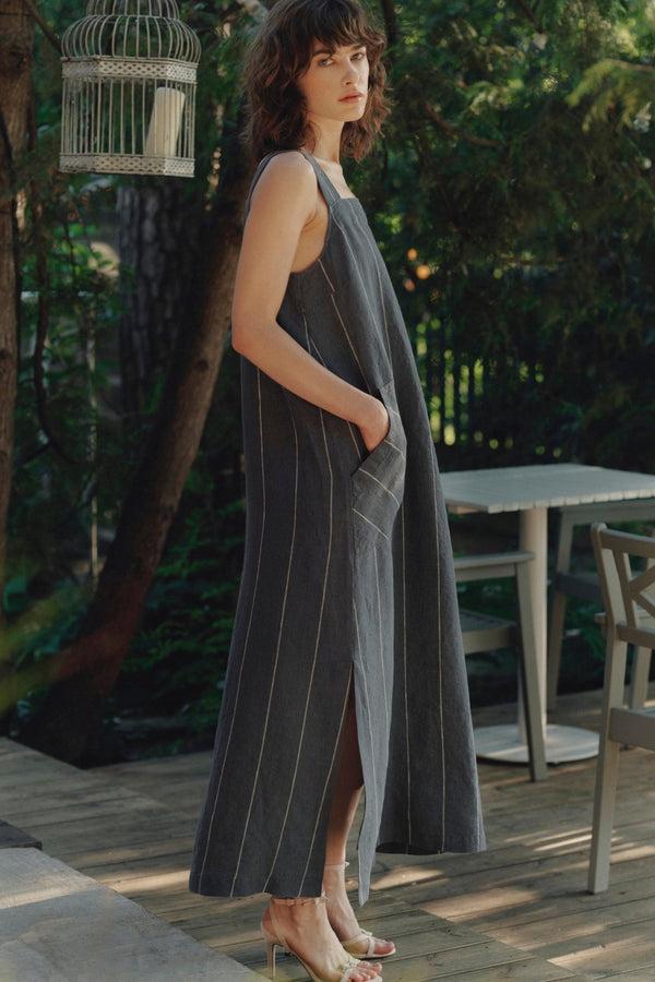 Linen Tales Dark Grey With White Stripe Linen Fugue Dress