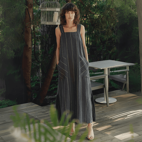 Linen Tales Dark Grey With White Stripe Linen Fugue Dress