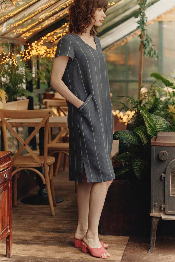 Linen Tales Dark Grey With White Stripe Linen Goldenrod Dress