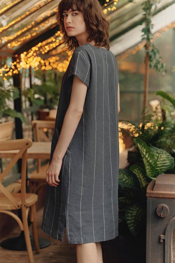Linen Tales Dark Grey With White Stripe Linen Goldenrod Dress