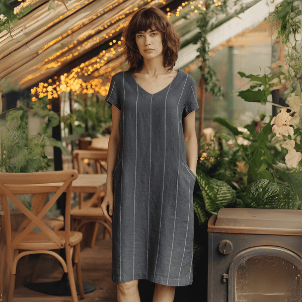 Linen Tales Dark Grey With White Stripe Linen Goldenrod Dress