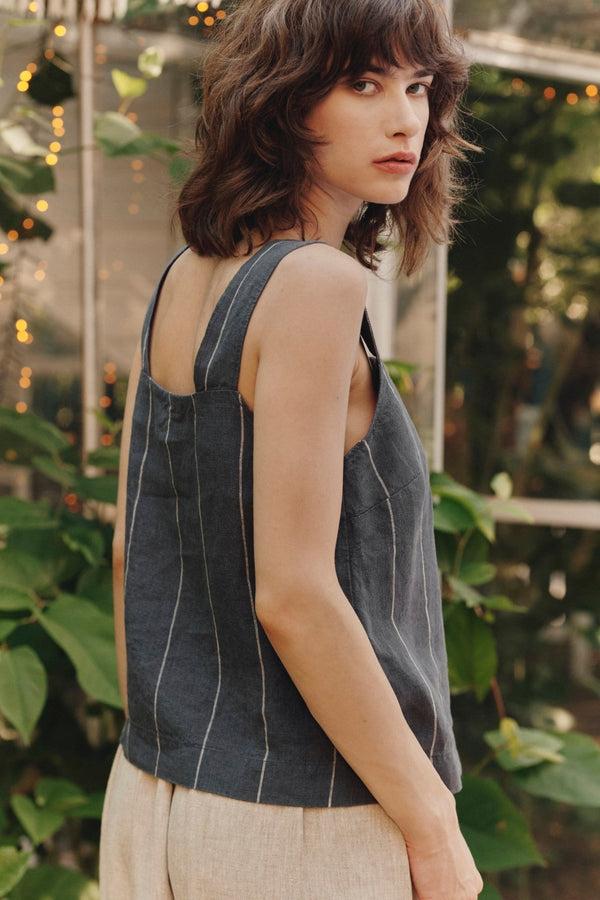 Linen Tales Dark Grey With White Stripe Linen Polka Top