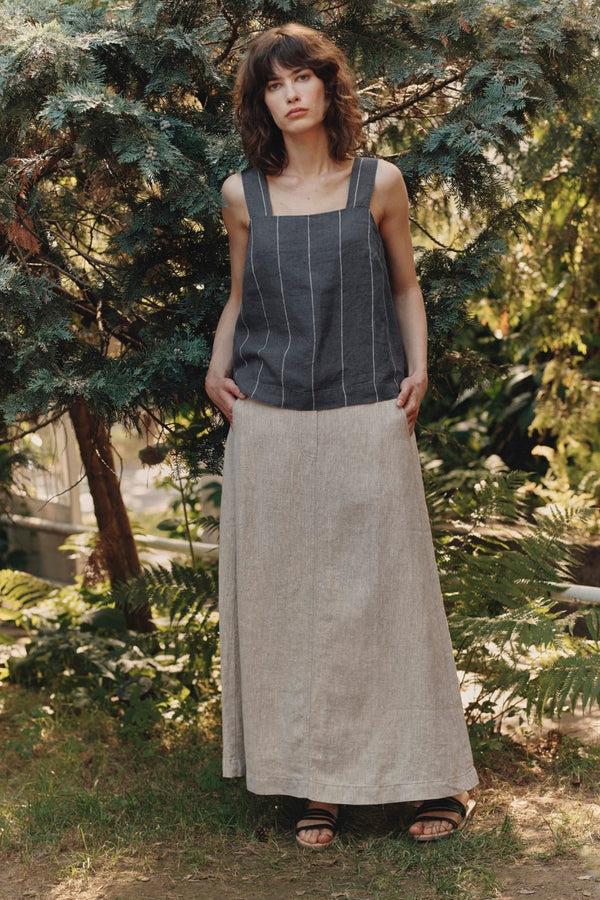 Linen Tales Dark Grey With White Stripe Linen Polka Top