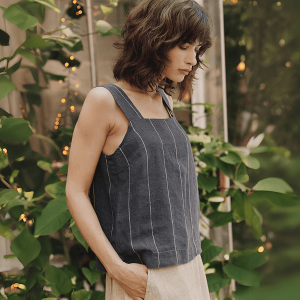 Linen Tales Dark Grey With White Stripe Linen Polka Top