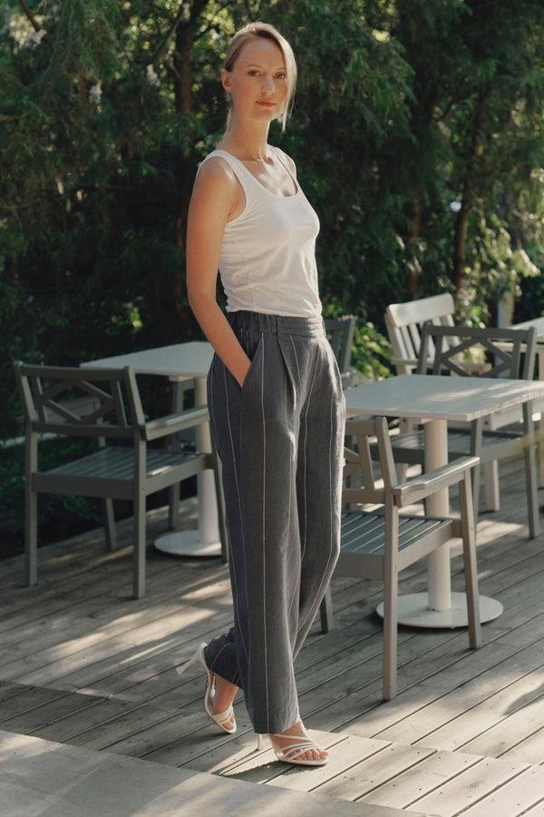 Linen Tales Dark Grey With White Stripe Linen Willow Trousers