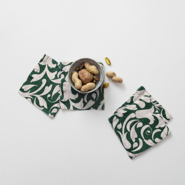 linen tales Evergreen Damask Linen Coasters Set of 4