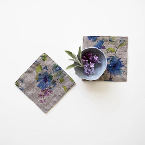 linen tales Flowers on Natural Linen Coasters Set of 4