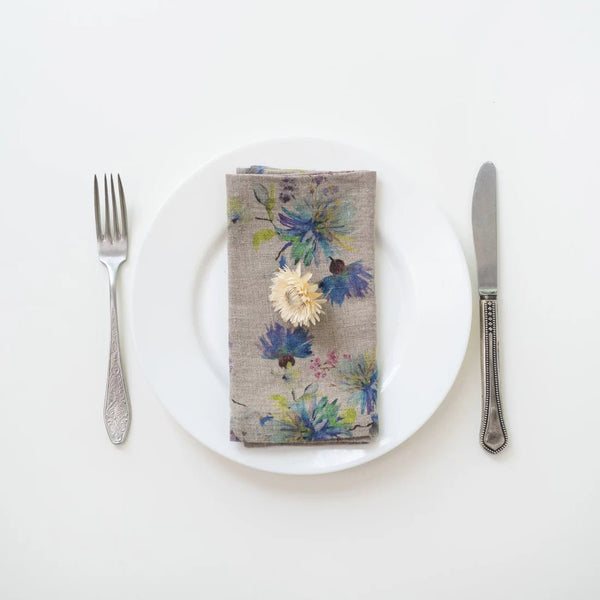 linen tales Flowers on Natural Linen Napkins Set of 2