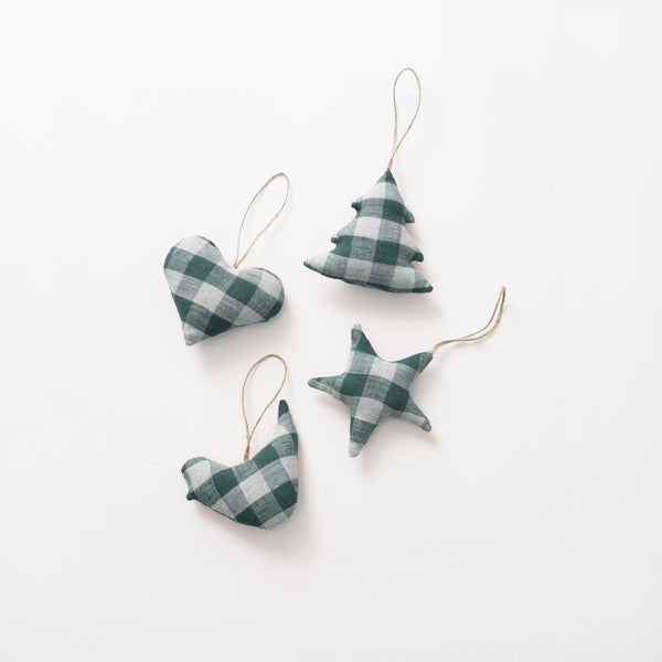 linen tales Forest Green Gingham Christmas Tree Decorations Set of 4