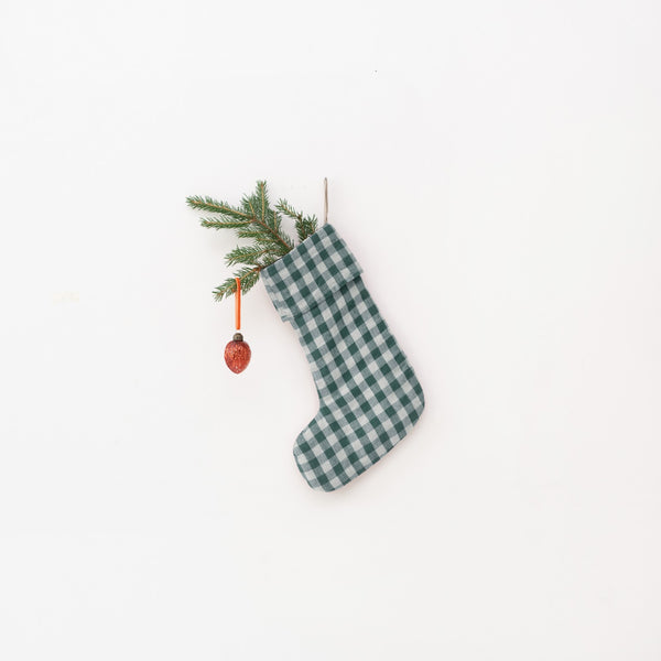 linen tales Forest Green Gingham Linen Christmas Stocking
