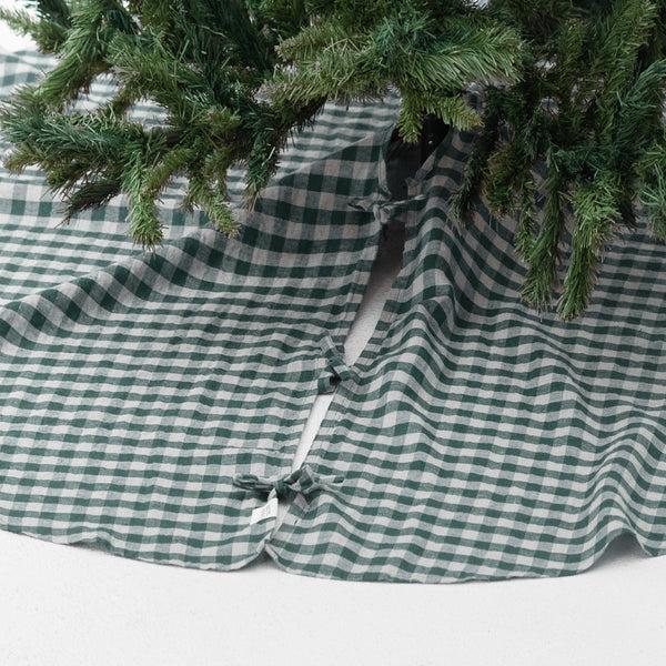 Linen Tales Forest Green Gingham Linen Christmas Tree Skirt