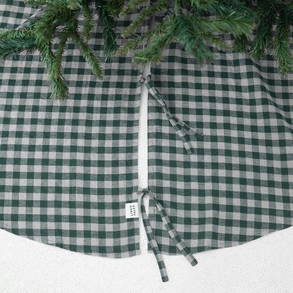 Linen Tales Forest Green Gingham Linen Christmas Tree Skirt