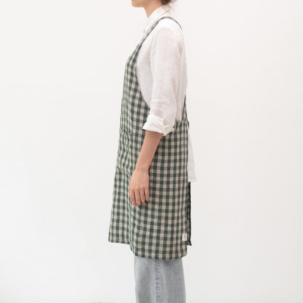 Linen Tales Forest Green Gingham Linen Crossback Apron