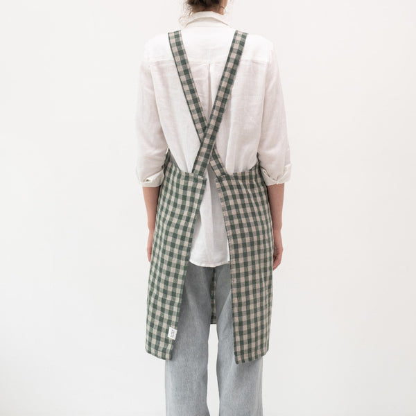 Linen Tales Forest Green Gingham Linen Crossback Apron