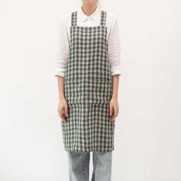 linen tales Forest Green Gingham Linen Crossback Apron