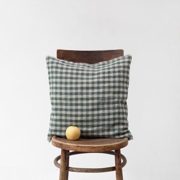 Linen Tales Forest Green Gingham Linen Cushion Cover