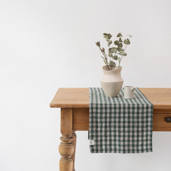 linen tales Forest Green Gingham Linen Table Runner
