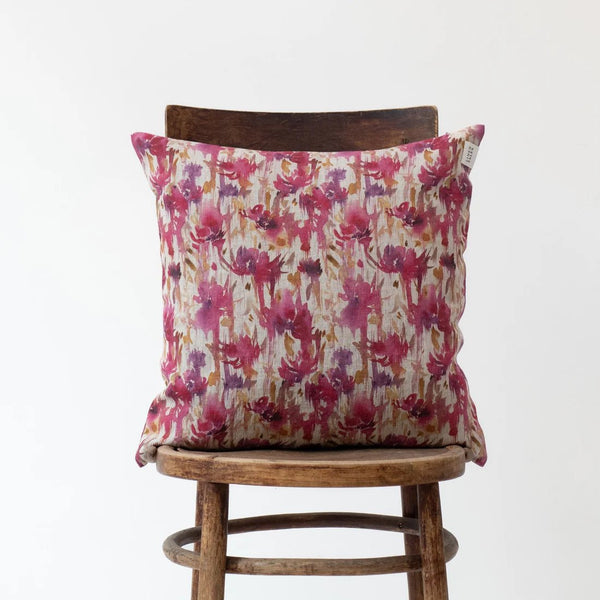 linen tales Fuchsia Flowers on Natural Linen Cushion Cover