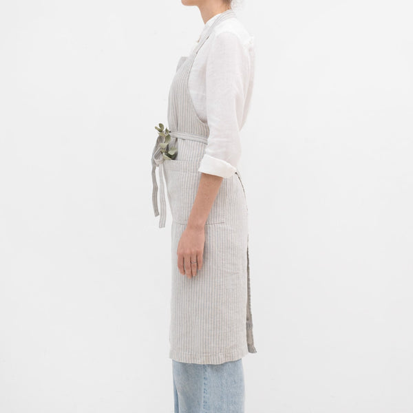 Linen Tales Grey Blue Pinstripe Rustic Linen Chef Apron
