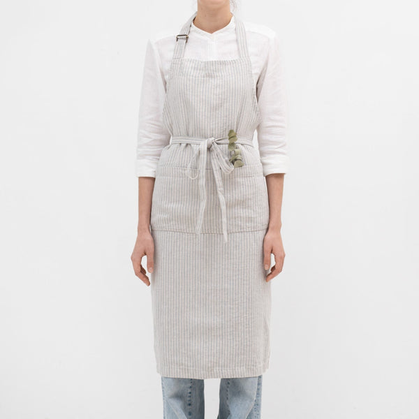 Linen Tales Grey Blue Pinstripe Rustic Linen Chef Apron
