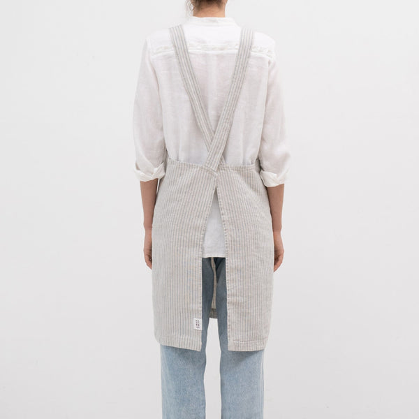Linen Tales Grey Blue Pinstripe Rustic Linen Crossback Apron